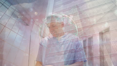 Businessman Analyzing Global Network with Futuristic Tech Overlay