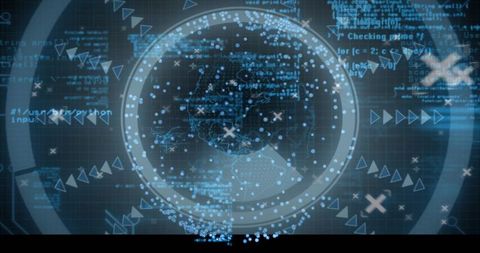 Futuristic HUD globe visualizing rotating data streams with neon code cyber interface