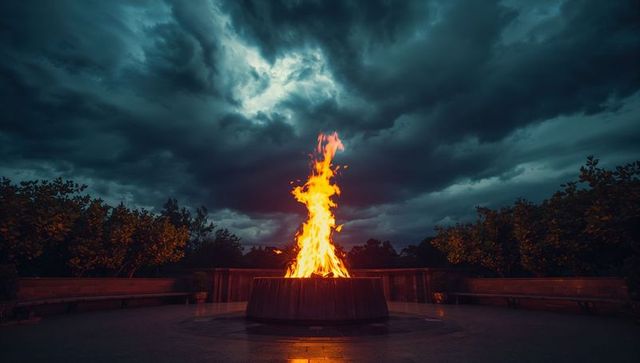 Crackling Fire Pit in Outdoor Urban Plaza at Night