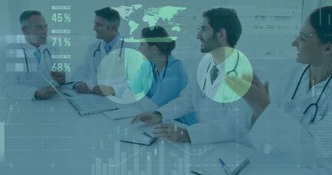 Medical team analyzing healthcare data and charts in collaborative hospital clinical meeting