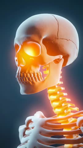 Vertical 3D skull and cervical spine rotating with glowing anatomy visualization