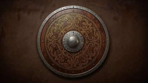 Ornamental Ancient Shield Display on Rustic Wall