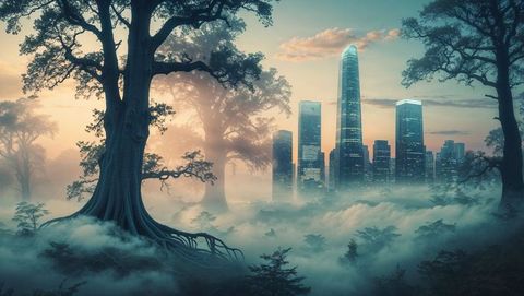 Mystical Cityscape with Skyscrapers and Ancient Trees in Mist