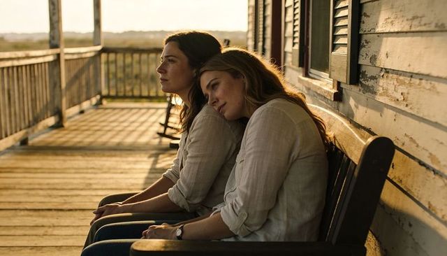 Sitting on porch bench leaning on shoulder at golden hour, rustic companionship