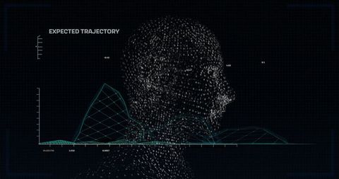 Digital Wireframe Head with Binary Code in Data Visualization Interface