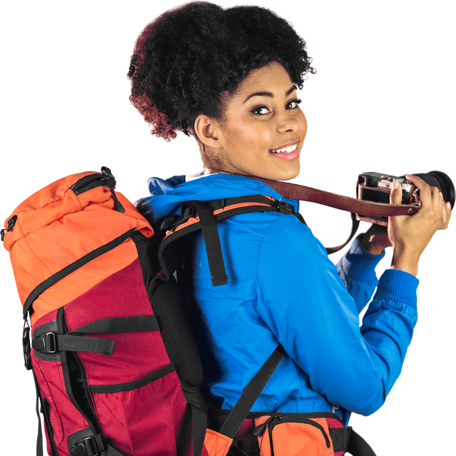 Young Black Woman Backpacking with Camera Transparent Background - Download Free Stock Videos Pikwizard.com