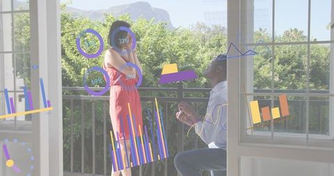 Man Kneeling Proposing to Woman on Balcony with Augmented Reality Data Overlays and Charts