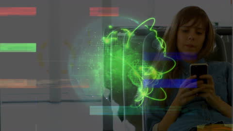 Woman Using Smartphone with Digital Globe Overlay