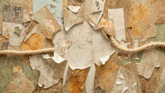 Torn wallpaper revealing weathered plaster with rustic rope