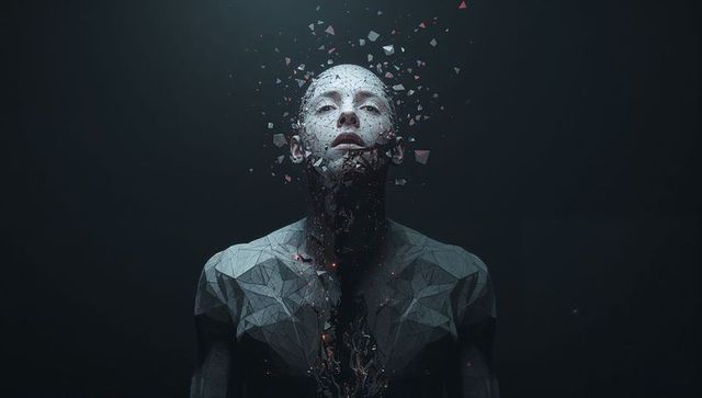Fragmenting low-poly human bust shedding triangular shards with glowing embers