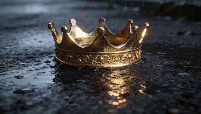 Ornate gold crown resting on wet pavement reflecting rain-soaked light