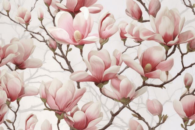 Magnolia flowers blooming with soft pink petals on delicate branches. Suitable for floral prints, interior decor, nature-themed designs, or seasonal promotions focusing on spring themes.