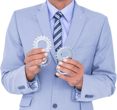 Transparent businessman holding gears symbolizing teamwork