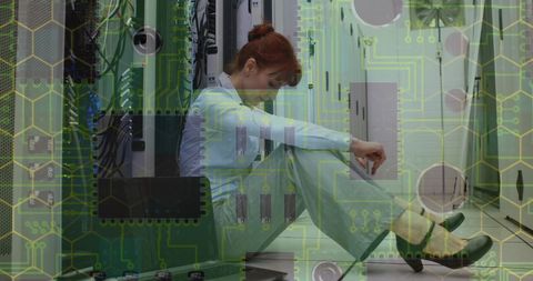 Overwhelmed Woman in Data Center with Digital Overlay on Screen