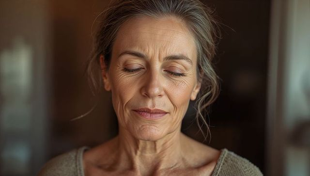 Serene mature woman closing eyes while soaking warm side light in neutral knit sweater