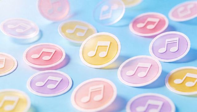 Pastel music note tokens on blue background, glossy round stickers with soft shadows