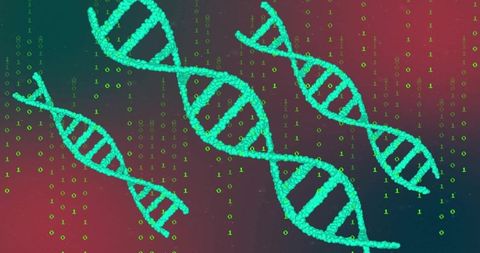 Abstract cyan dna helices and binary code on gradient background