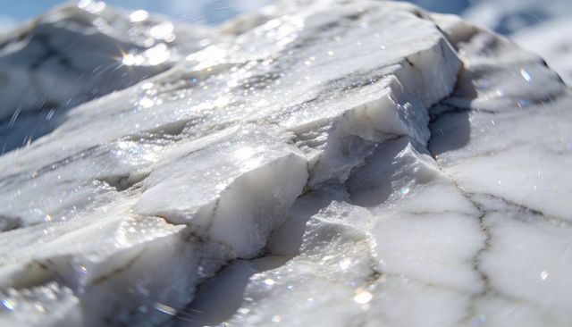 Sunlight reflecting on white veined marble slab with sparkling crystal grains gleaming