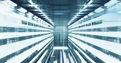 Futuristic data processing race through server room