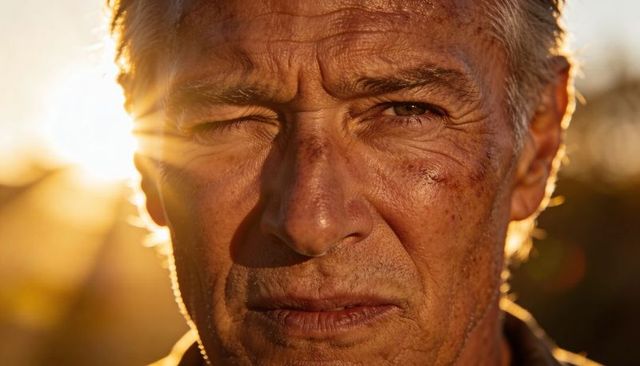 Rugged senior squinting into golden backlight showing scrape and stubble cinematic closeup