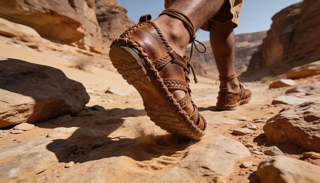 Hiker stepping in braided leather sandals kicking dust on desert canyon trail