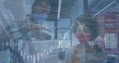 Business team analyzing candlestick charts on glass wearing masks and collaborating