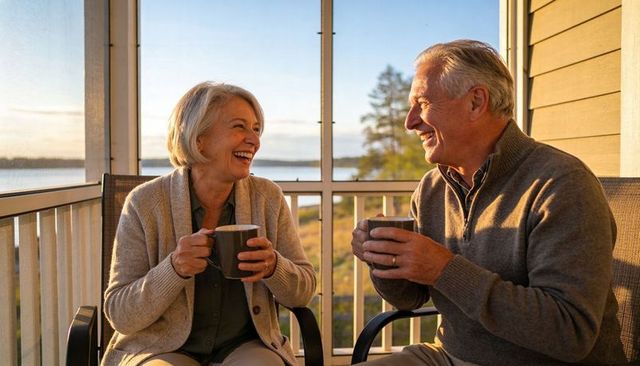 Senior couple sharing morning coffee on lakeside porch, laughing during golden hour