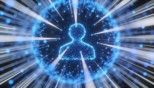 Glowing blue particle avatar inside virtual node sphere emitting radial light streaks