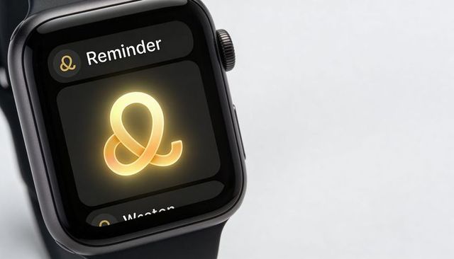 Black smartwatch showing reminder tile with glowing gold ampersand icon on minimal white background