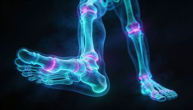 Glowing translucent foot skeletons highlighting magenta joints medical render for orthopedics