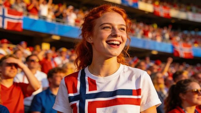 Joyful redhead fan cheering at norway match in sunlit stadium wearing flag tee