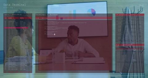 Executives Reviewing Analytics Dashboards with Terminal Overlay in Boardroom