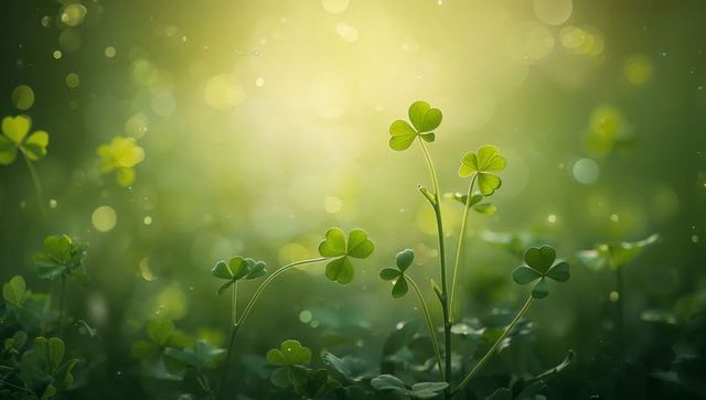 Glowing Clover Leaves Catching Morning Sunlight With Dew Droplets and Bokeh