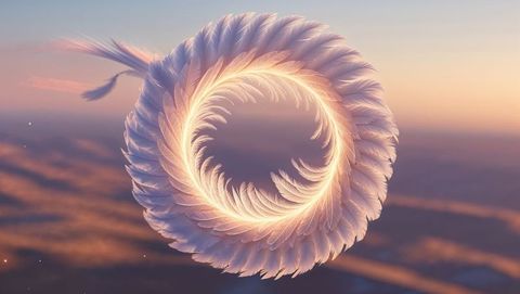 Glowing feather ring floating above pastel cloudscape