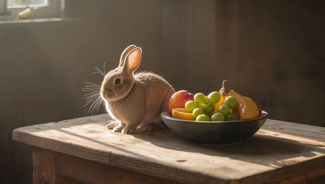 Basking Brown Rabbit Sitting on Rustic Wooden Table with Bowl of Grapes Pear Orange
