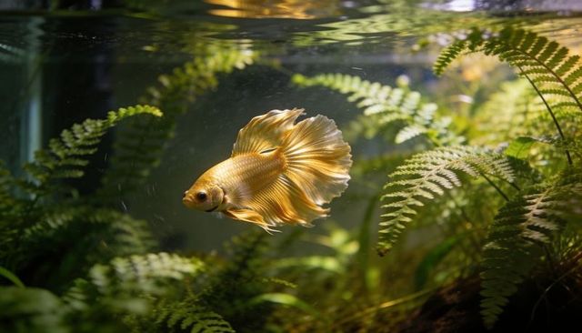 Gliding golden betta displaying ruffled veil fins among ferns in planted aquarium