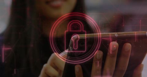 Cybersecurity Concept with Woman Using Smartphone and Padlock Icon
