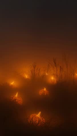 Vertical video advancing through foggy dusk meadow revealing glowing carved pumpkins