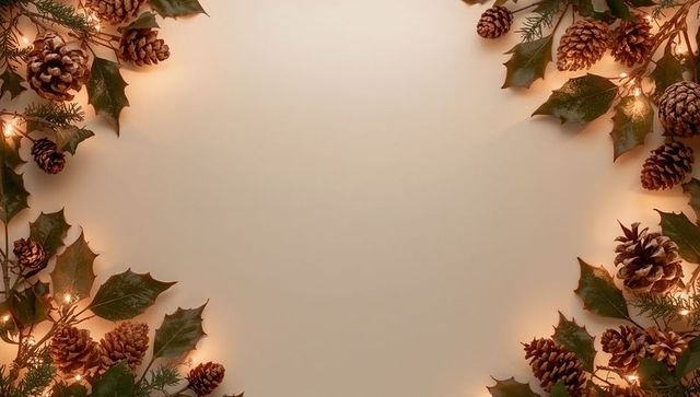 Framing holiday pine cone and holly border around blank cream center with warm lights
