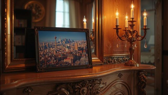 Displaying framed cityscape leaning on carved mantel with gilded mirror and lit candelabra