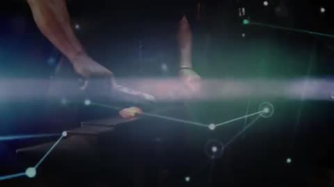 Metalworker Forging Glowing Iron in Technological Overlay