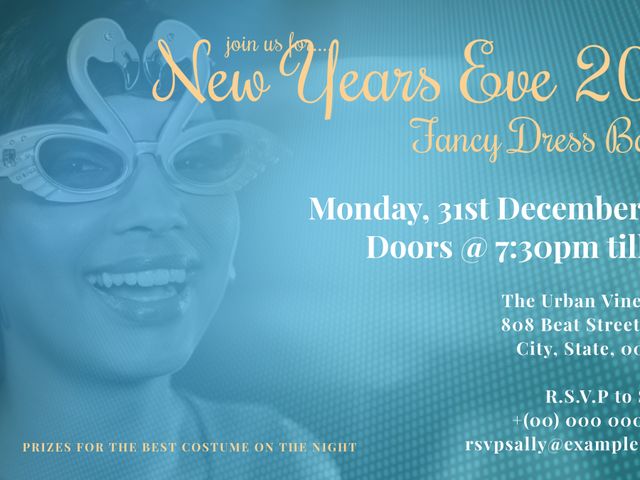 Celebration invitation, a woman wearing festive glasses embodies the excitement of a New Year's Eve Dress Ball. The template's vibrant colors and party theme make it adaptable for various costume or masquerade event announcements.