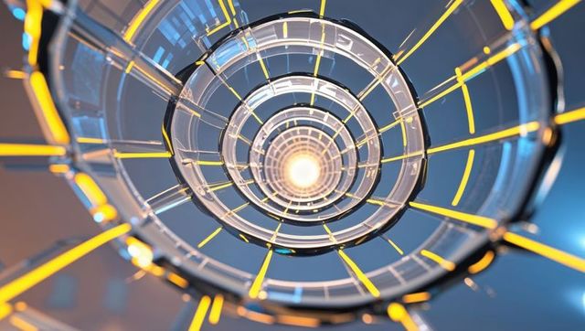 Futuristic Data Tunnel with Glass Rings and Bright Light