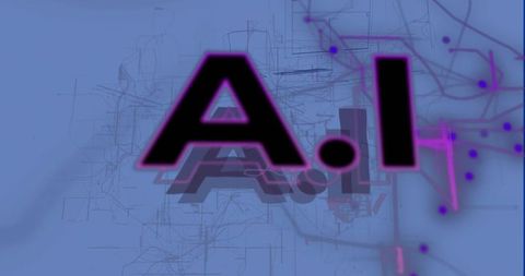 Neon ai typography with futuristic circuit lines and glowing purple nodes