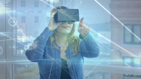 Excited Woman Experiencing Virtual Reality with Futuristic Interface