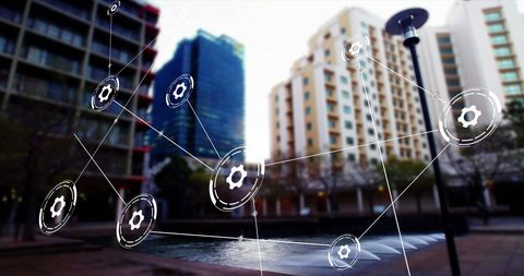 Digital Network Connections Overlay on Urban Cityscape