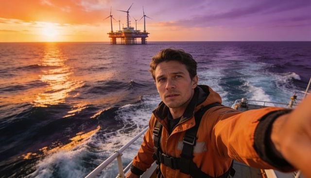 Offshore technician taking selfie on vessel at sunset with wind turbine platform and ocean wake