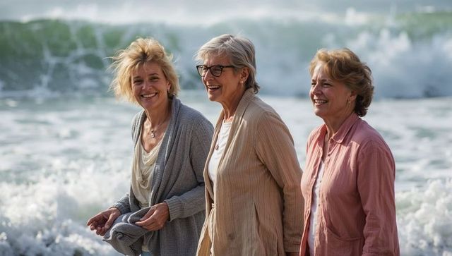Three mature women laughing and strolling along windy beach with crashing waves and sunlight