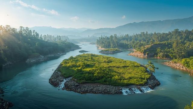 Lush tropical river island glowing in golden morning light with cascading shoreline