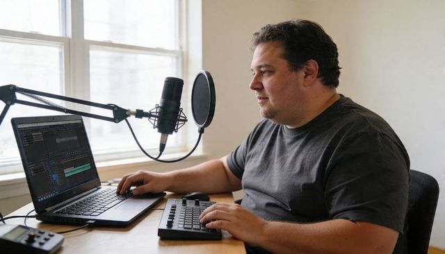 Home studio podcaster editing audio on laptop with condenser mic and midi controller